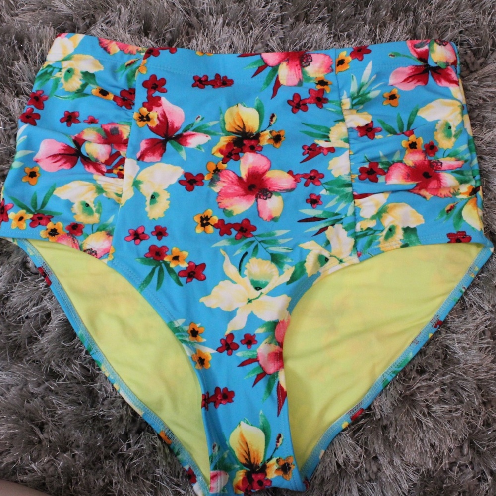 Blue Floral High-Waisted Swimsuit Bottoms